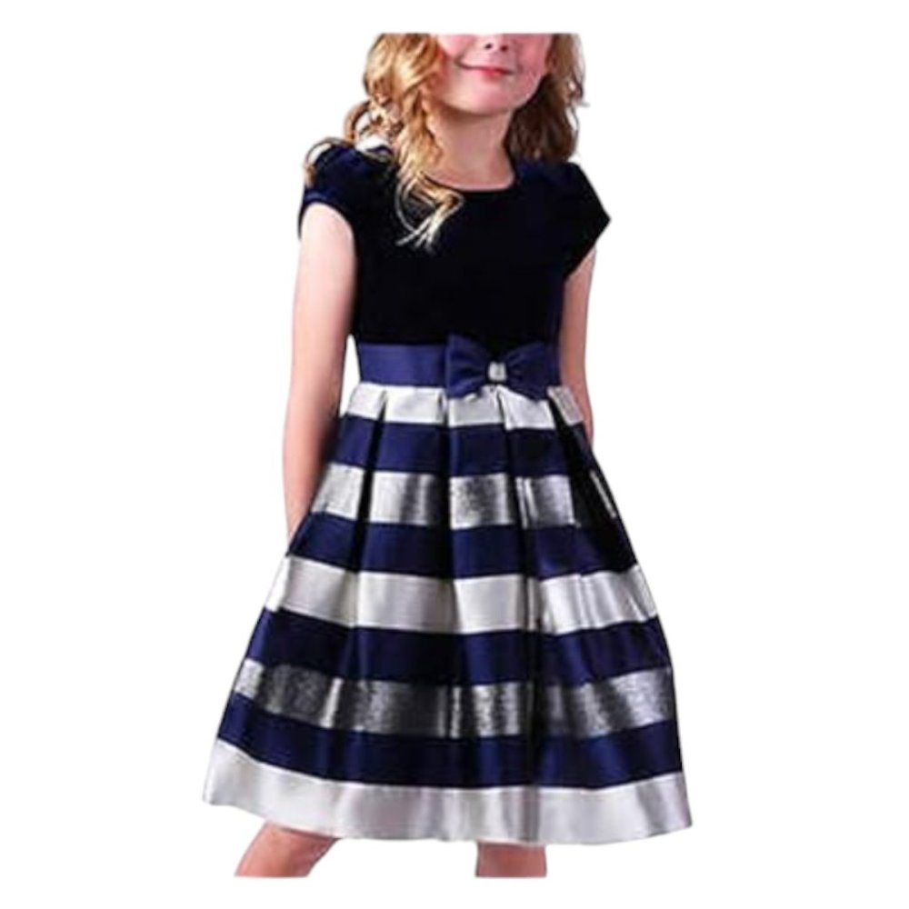 Jona Michelle Girls Special Occasion Blue Velvet Striped A Line Dress T3